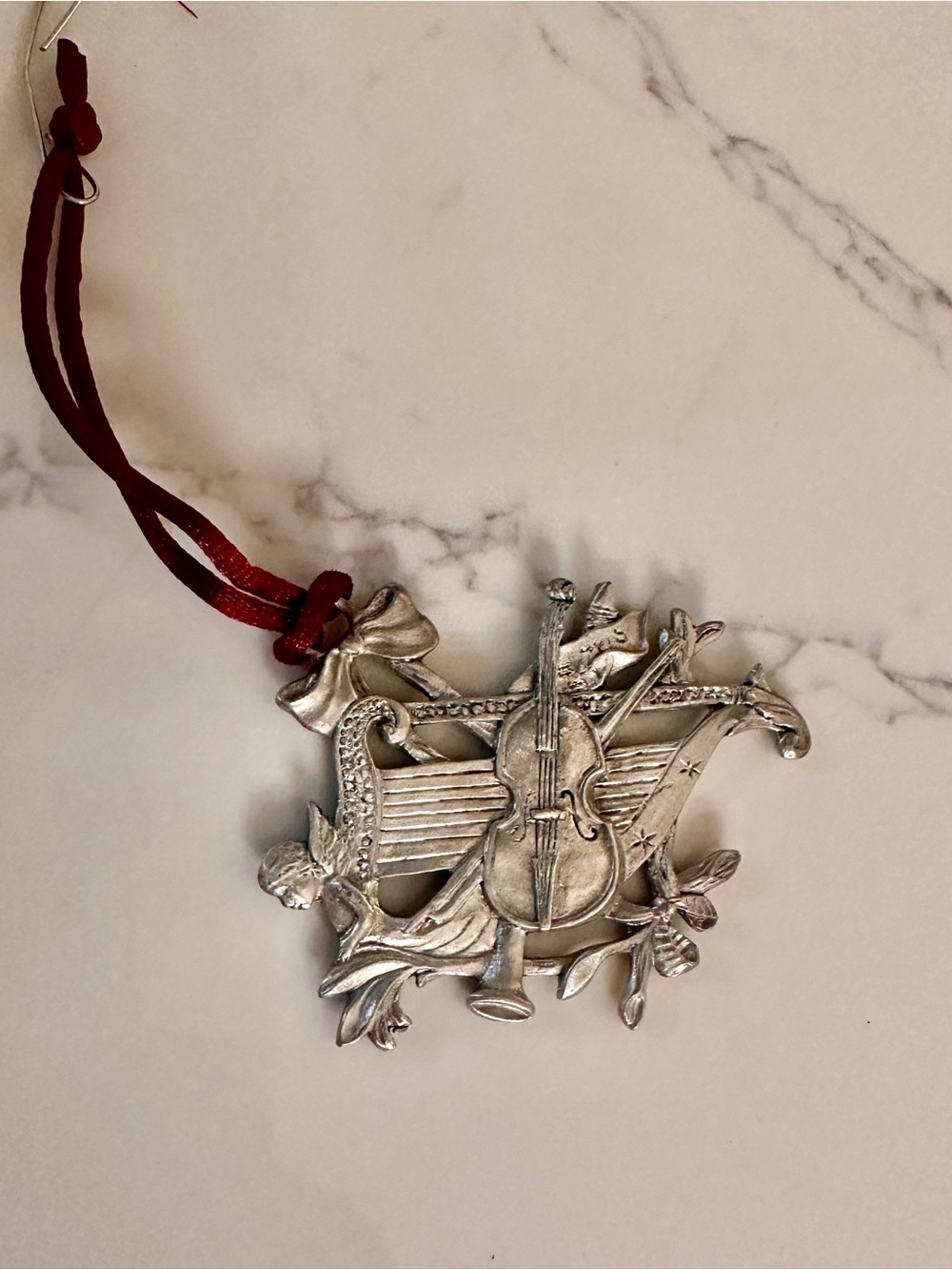 Silver Musical Violin Ornament with Red Ribbon - Home Holiday Decor pewter